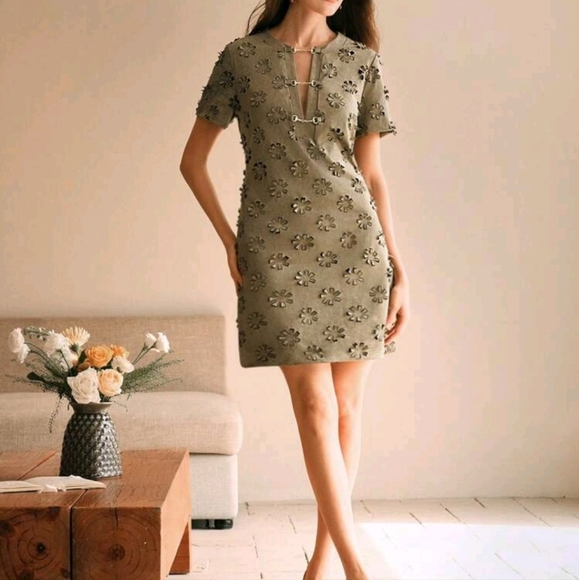 Women's Metal Decor Button 3D Laser Engraved Elegant Mini Dress - Picture 2 of 4